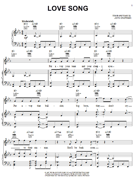 Five For Fighting Love Song sheet music notes and chords arranged for Piano, Vocal & Guitar Chords (Right-Hand Melody)