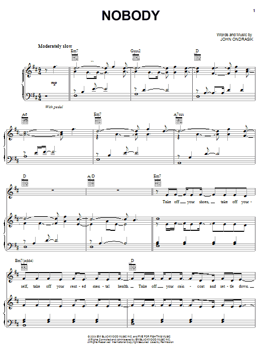Five For Fighting Nobody sheet music notes and chords arranged for Piano, Vocal & Guitar Chords (Right-Hand Melody)