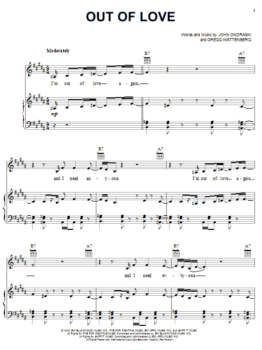 Five For Fighting Out Of Love sheet music notes and chords arranged for Piano, Vocal & Guitar Chords (Right-Hand Melody)