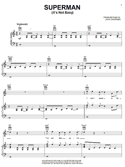 Five For Fighting Superman (It's Not Easy) sheet music notes and chords arranged for Piano Solo