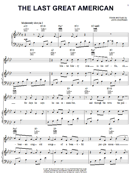 Five For Fighting The Last Great American sheet music notes and chords arranged for Piano, Vocal & Guitar Chords (Right-Hand Melody)