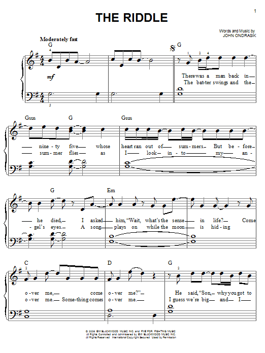 Five For Fighting The Riddle sheet music notes and chords arranged for Easy Piano