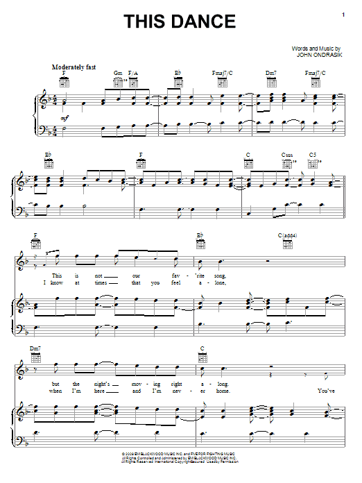 Five For Fighting This Dance sheet music notes and chords arranged for Piano, Vocal & Guitar Chords (Right-Hand Melody)