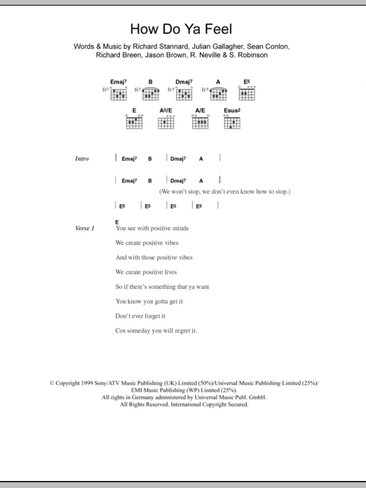 Five How Do Ya Feel sheet music notes and chords arranged for Guitar Chords/Lyrics