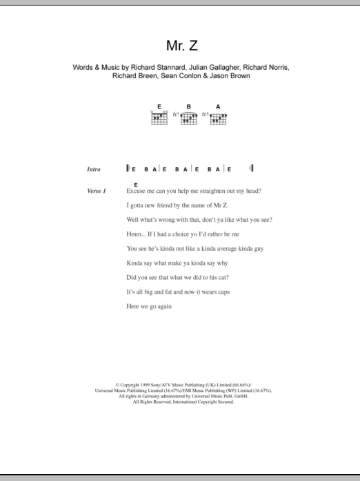 Five Mr. Z sheet music notes and chords arranged for Guitar Chords/Lyrics