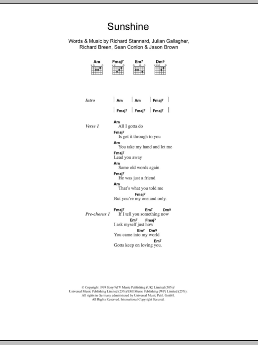 Five Sunshine sheet music notes and chords arranged for Guitar Chords/Lyrics