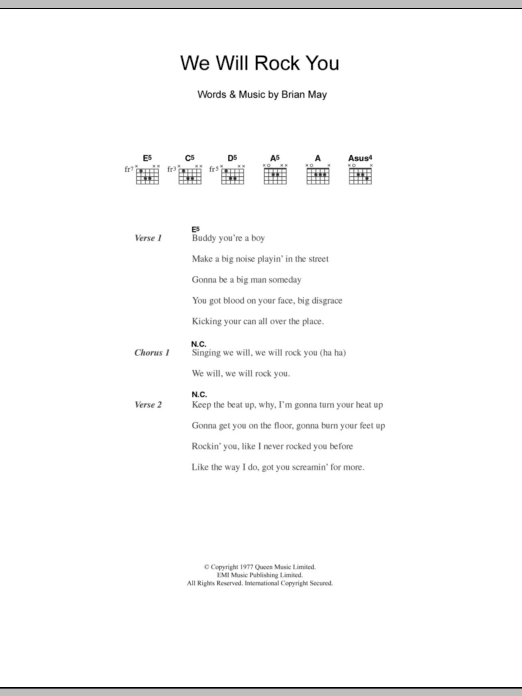 Five We Will Rock You sheet music notes and chords arranged for Guitar Chords/Lyrics