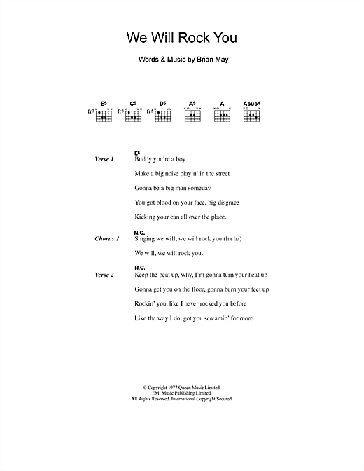 Five We Will Rock You sheet music notes and chords arranged for Guitar Chords/Lyrics