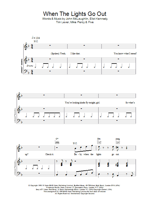 Five When The Lights Go Out sheet music notes and chords arranged for Guitar Chords/Lyrics