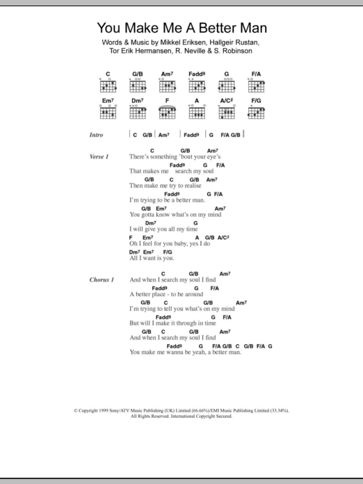 Five You Make Me A Better Man sheet music notes and chords arranged for Guitar Chords/Lyrics