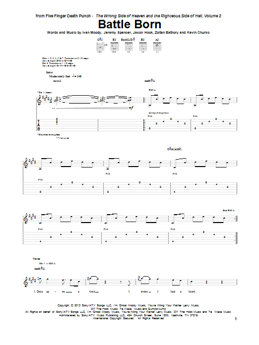 Five Finger Death Punch Battle Born sheet music notes and chords arranged for Guitar Tab
