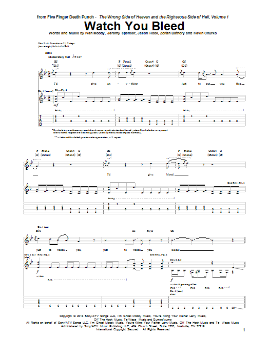 Five Finger Death Punch Watch You Bleed sheet music notes and chords arranged for Guitar Tab