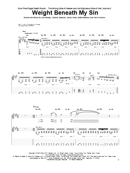 Five Finger Death Punch Weight Beneath My Sin sheet music notes and chords arranged for Guitar Tab