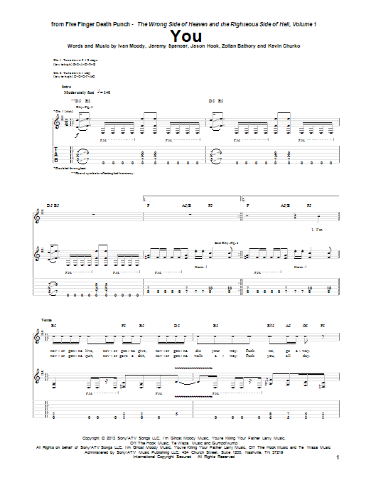 Five Finger Death Punch You sheet music notes and chords arranged for Guitar Tab