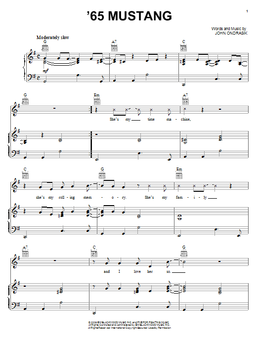 Five For Fighting '65 Mustang sheet music notes and chords arranged for Piano, Vocal & Guitar Chords (Right-Hand Melody)
