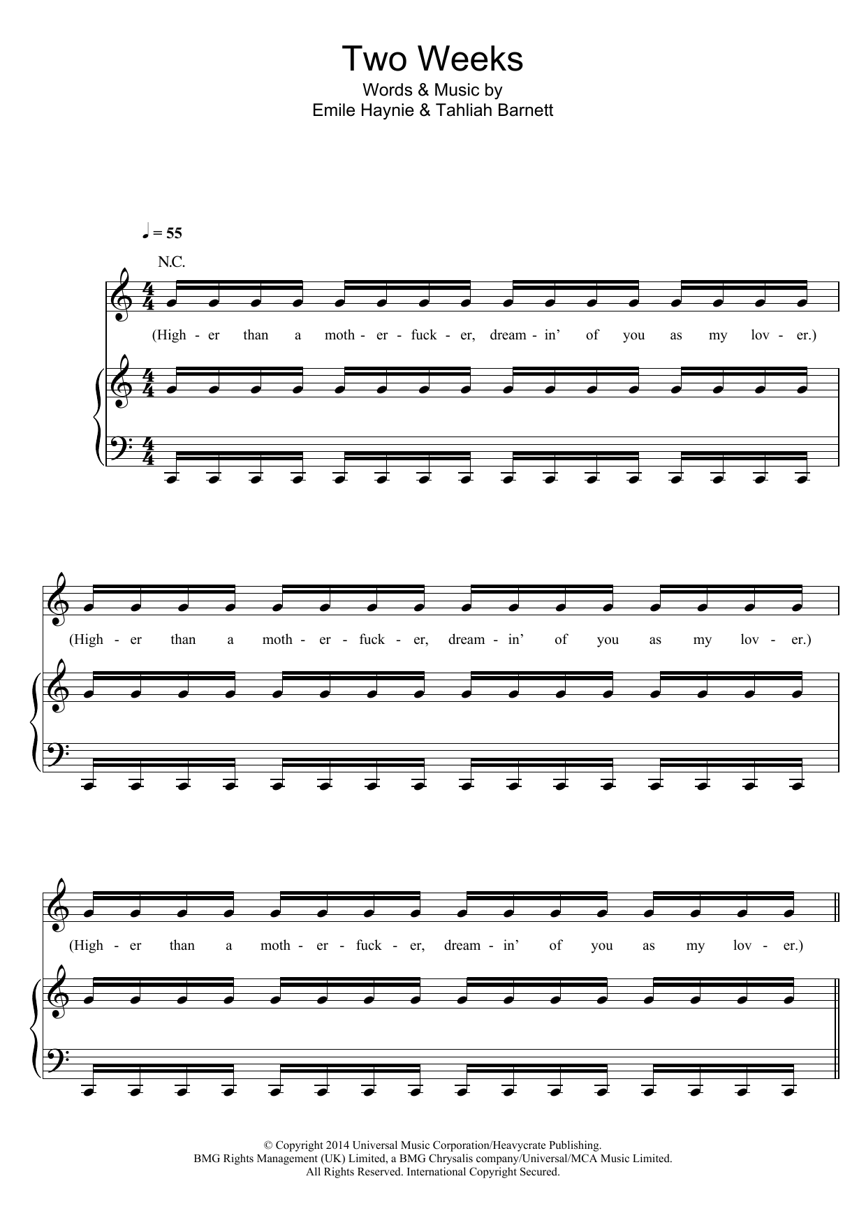 FKA Twigs Two Weeks sheet music notes and chords arranged for Piano, Vocal & Guitar Chords