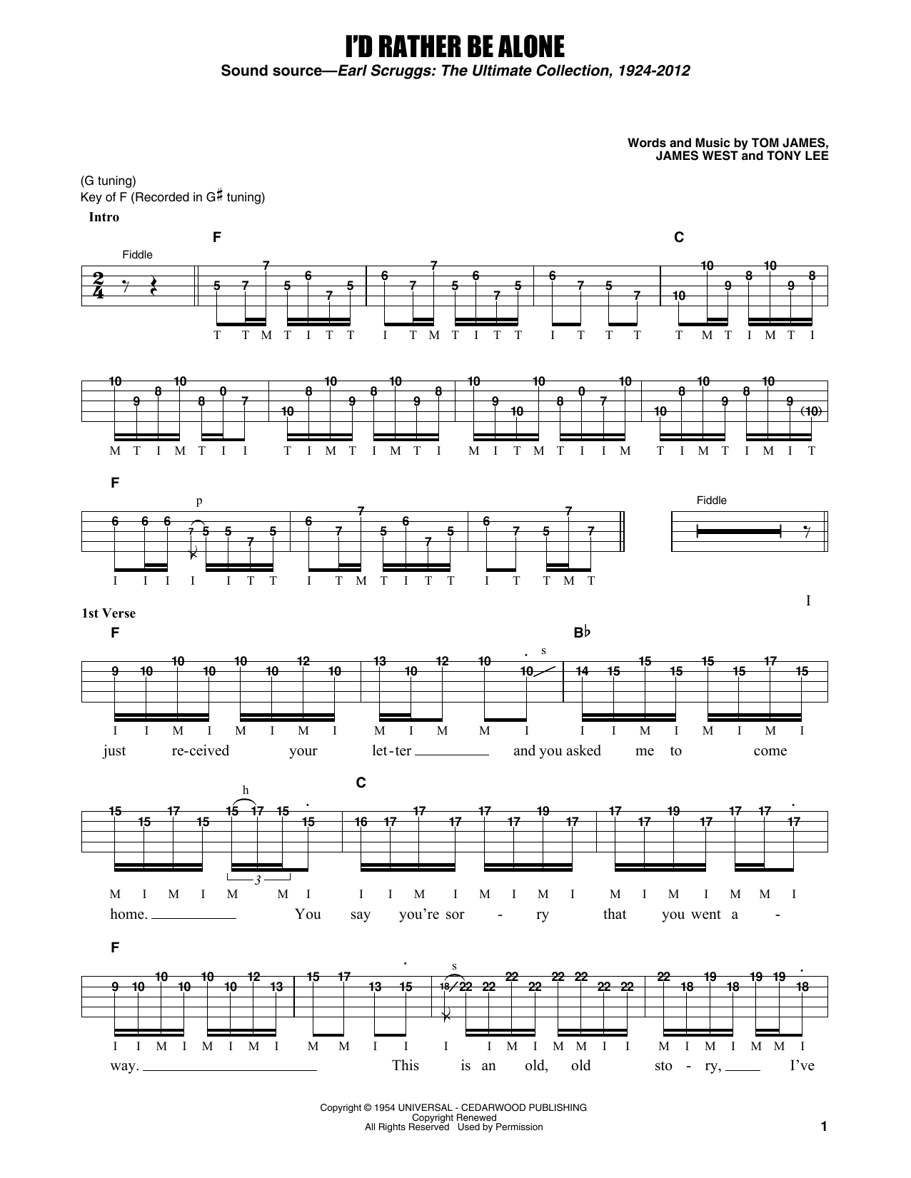 Flatt & Scruggs I'd Rather Be Alone sheet music notes and chords arranged for Banjo Tab