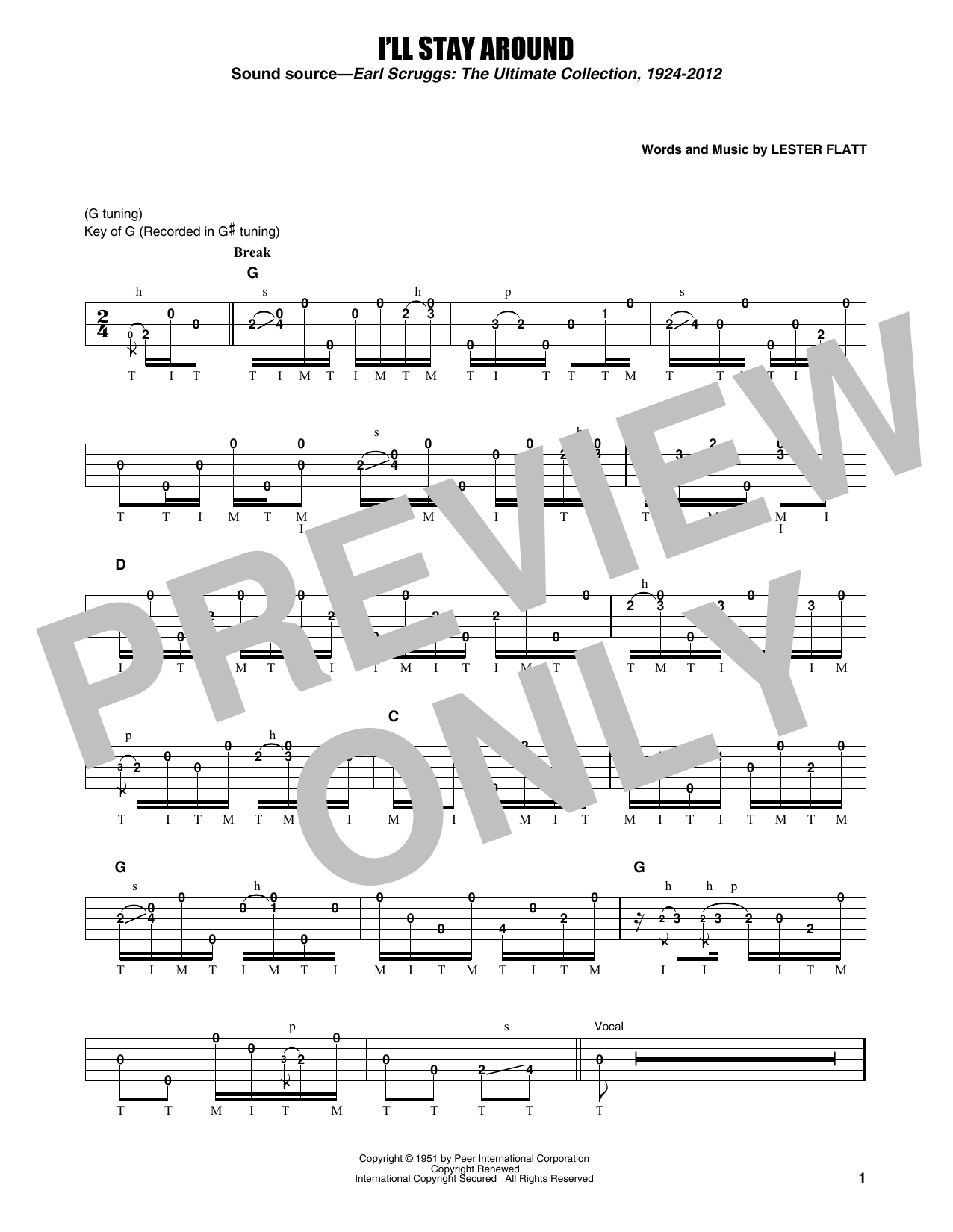 Flatt & Scruggs I'll Stay Around sheet music notes and chords arranged for Banjo Tab
