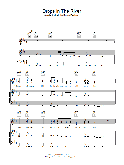 Fleet Foxes Drops In The River sheet music notes and chords arranged for Piano, Vocal & Guitar Chords