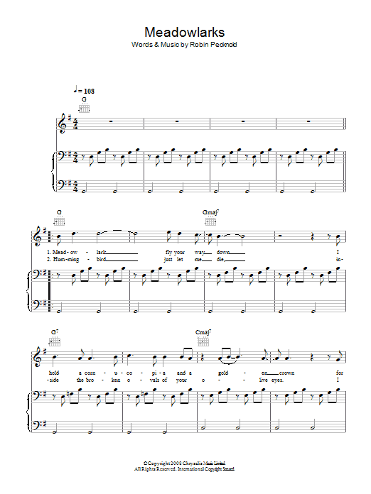 Fleet Foxes Meadowlarks sheet music notes and chords arranged for Piano, Vocal & Guitar Chords