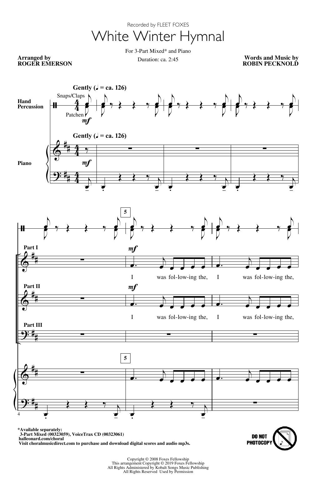Fleet Foxes White Winter Hymnal (arr. Roger Emerson) sheet music notes and chords arranged for 3-Part Mixed Choir