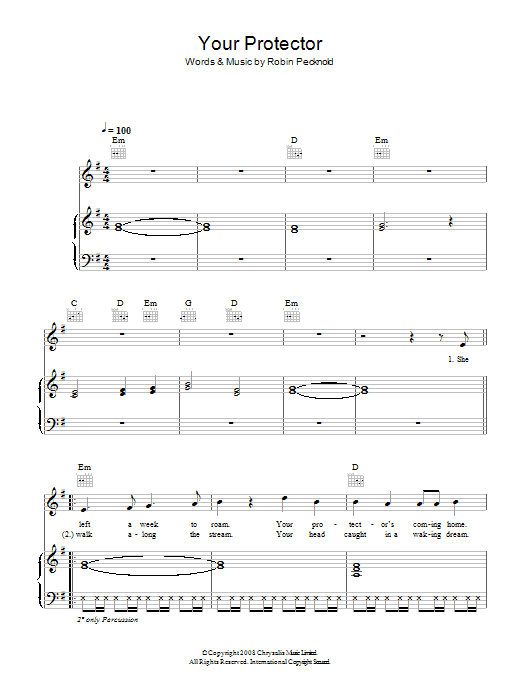 Fleet Foxes Your Protector sheet music notes and chords arranged for Piano, Vocal & Guitar Chords