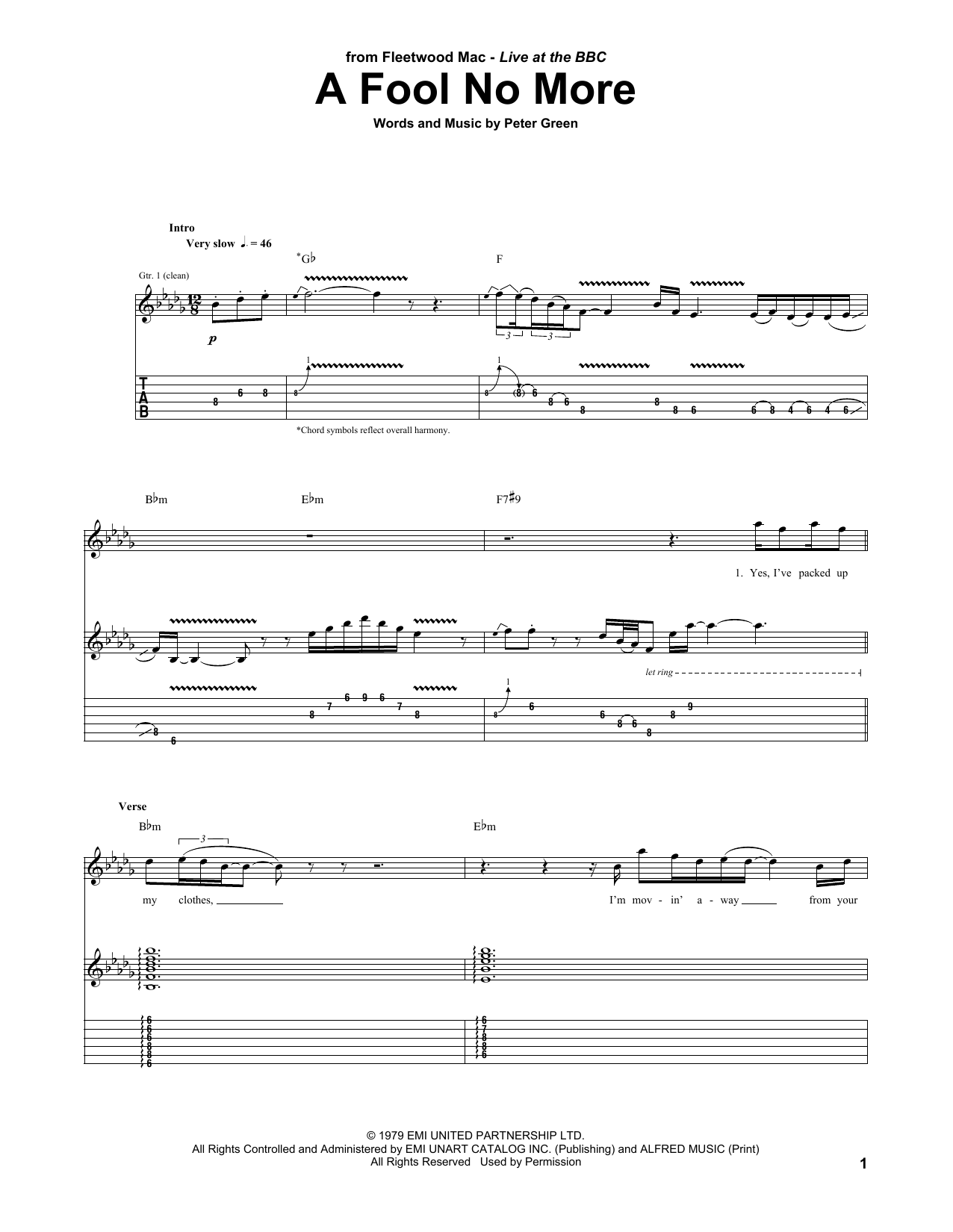 Fleetwood Mac A Fool No More sheet music notes and chords arranged for Guitar Tab