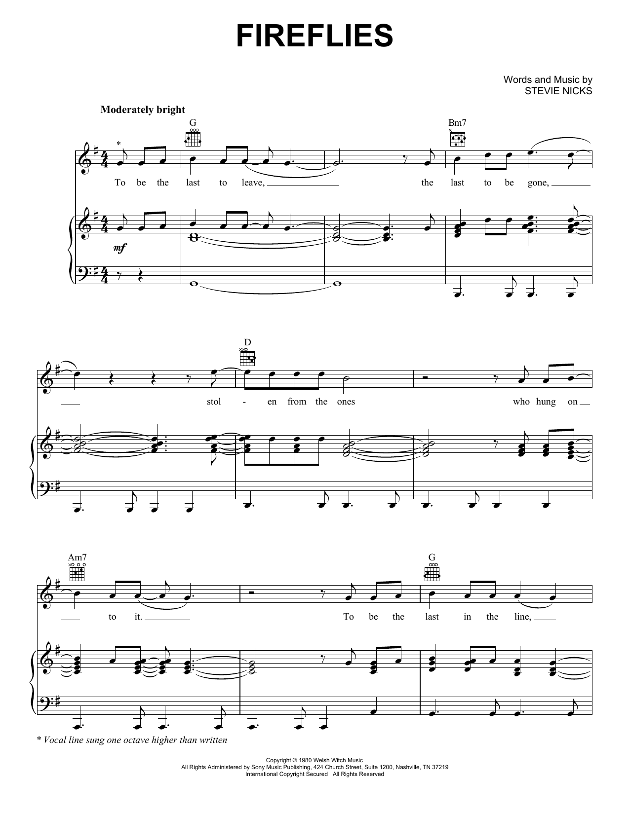 Fleetwood Mac Fireflies sheet music notes and chords arranged for Piano, Vocal & Guitar Chords (Right-Hand Melody)