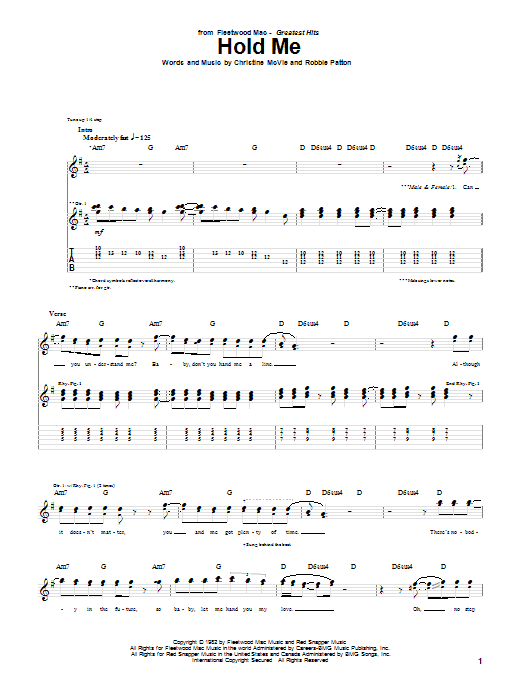 Fleetwood Mac Hold Me sheet music notes and chords arranged for Piano, Vocal & Guitar Chords (Right-Hand Melody)