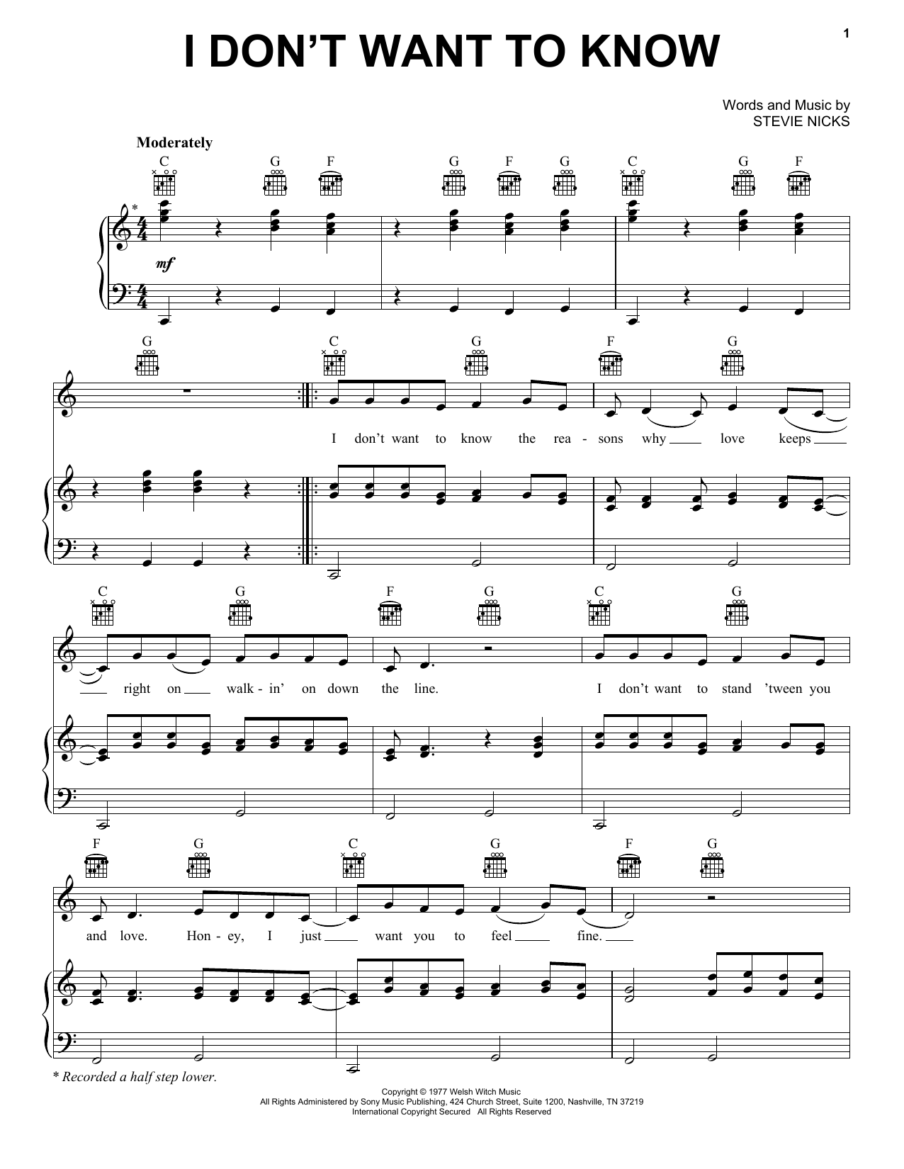 Fleetwood Mac I Don't Want To Know sheet music notes and chords arranged for Piano, Vocal & Guitar Chords (Right-Hand Melody)