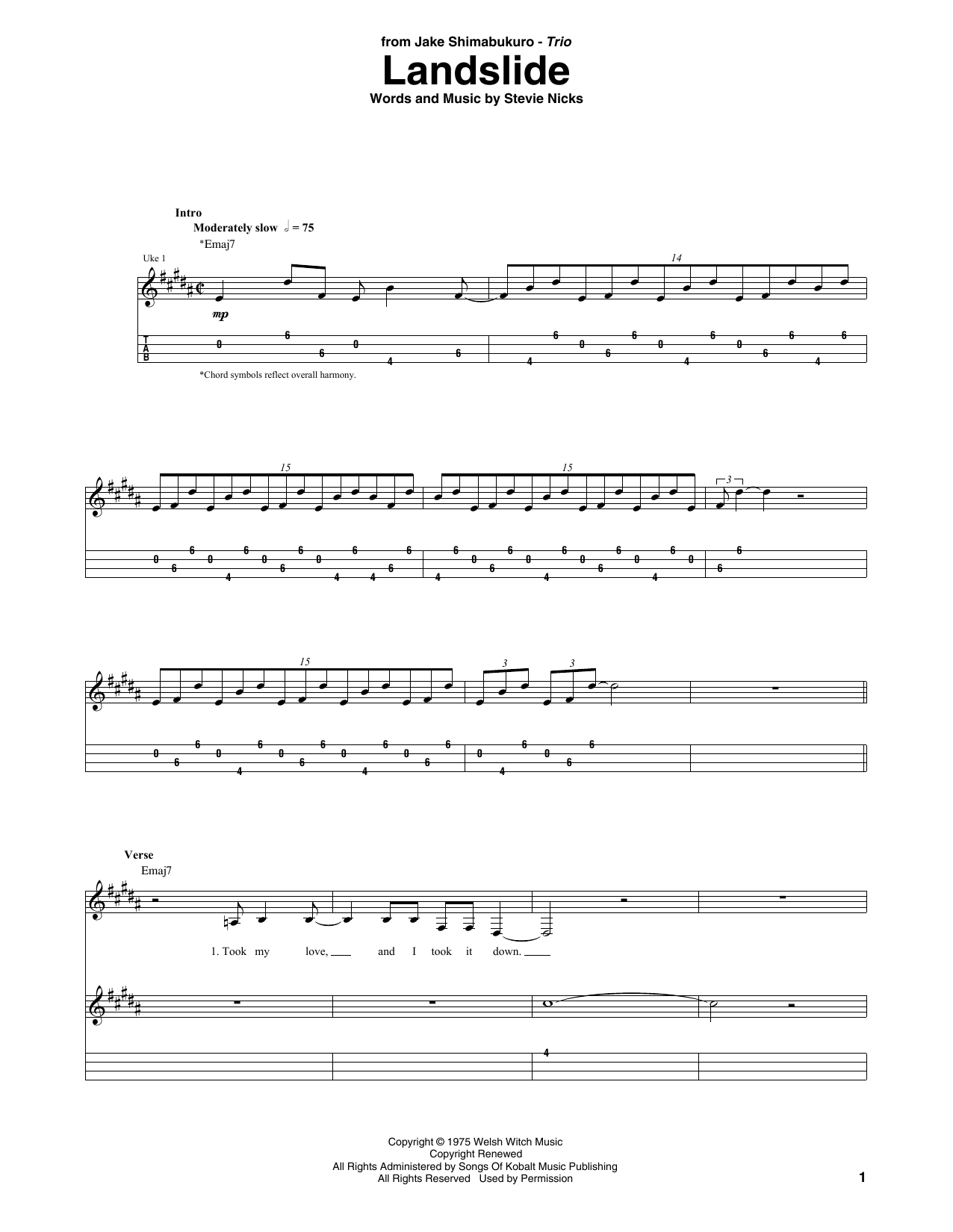 Fleetwood Mac Landslide (arr. Jake Shimabukuro Trio) sheet music notes and chords arranged for Ukulele Tab