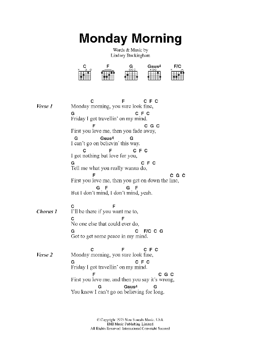 Fleetwood Mac Monday Morning sheet music notes and chords arranged for Guitar Chords/Lyrics