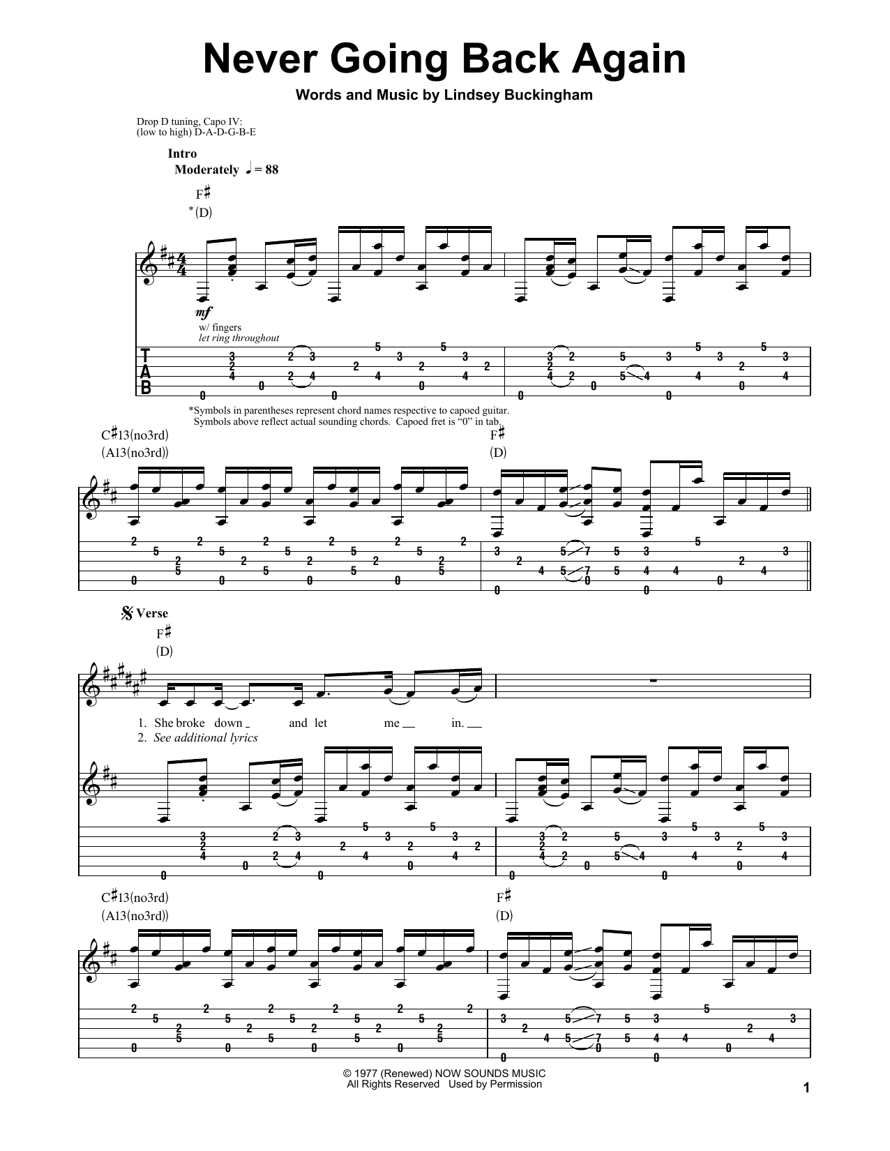 Fleetwood Mac Never Going Back Again sheet music notes and chords arranged for Guitar Tab (Single Guitar)