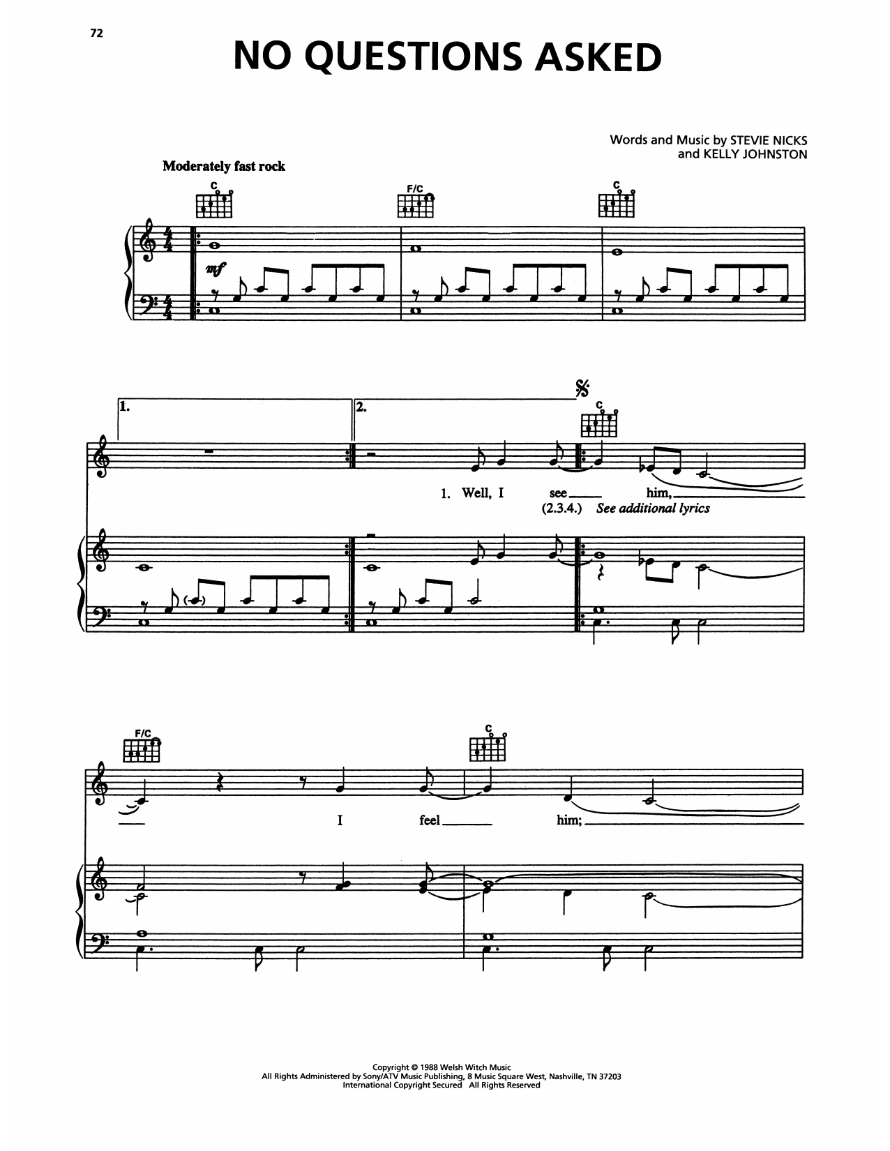 Fleetwood Mac No Questions Asked sheet music notes and chords arranged for Piano, Vocal & Guitar Chords (Right-Hand Melody)