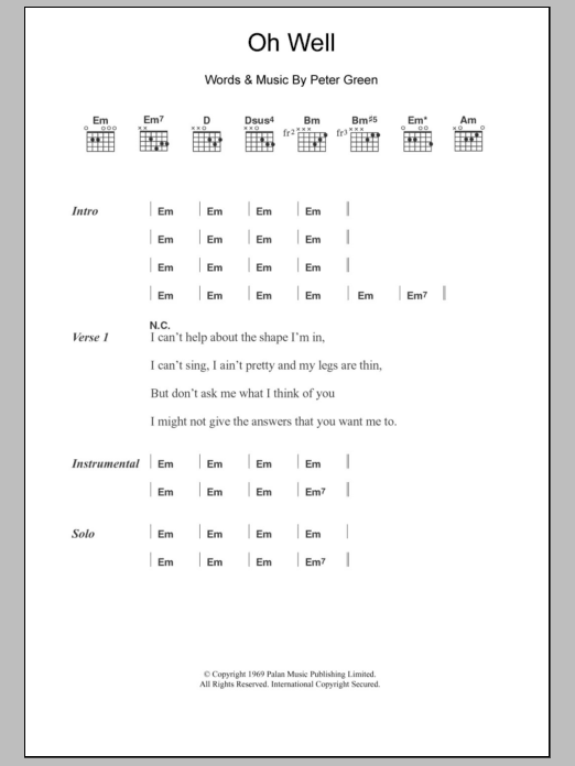 Fleetwood Mac Oh Well sheet music notes and chords arranged for Guitar Chords/Lyrics