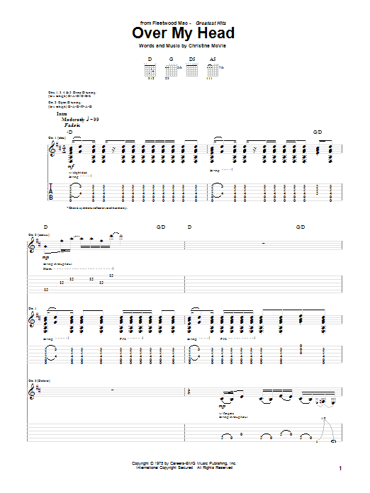 Fleetwood Mac Over My Head sheet music notes and chords arranged for Easy Guitar Tab