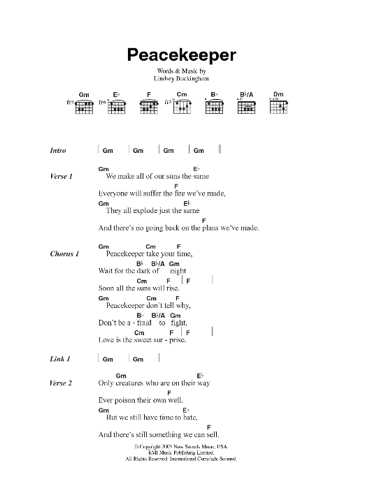 Fleetwood Mac Peacekeeper sheet music notes and chords arranged for Guitar Chords/Lyrics