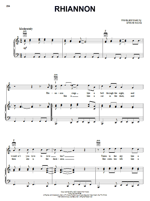 Fleetwood Mac Rhiannon sheet music notes and chords arranged for Piano, Vocal & Guitar Chords (Right-Hand Melody)