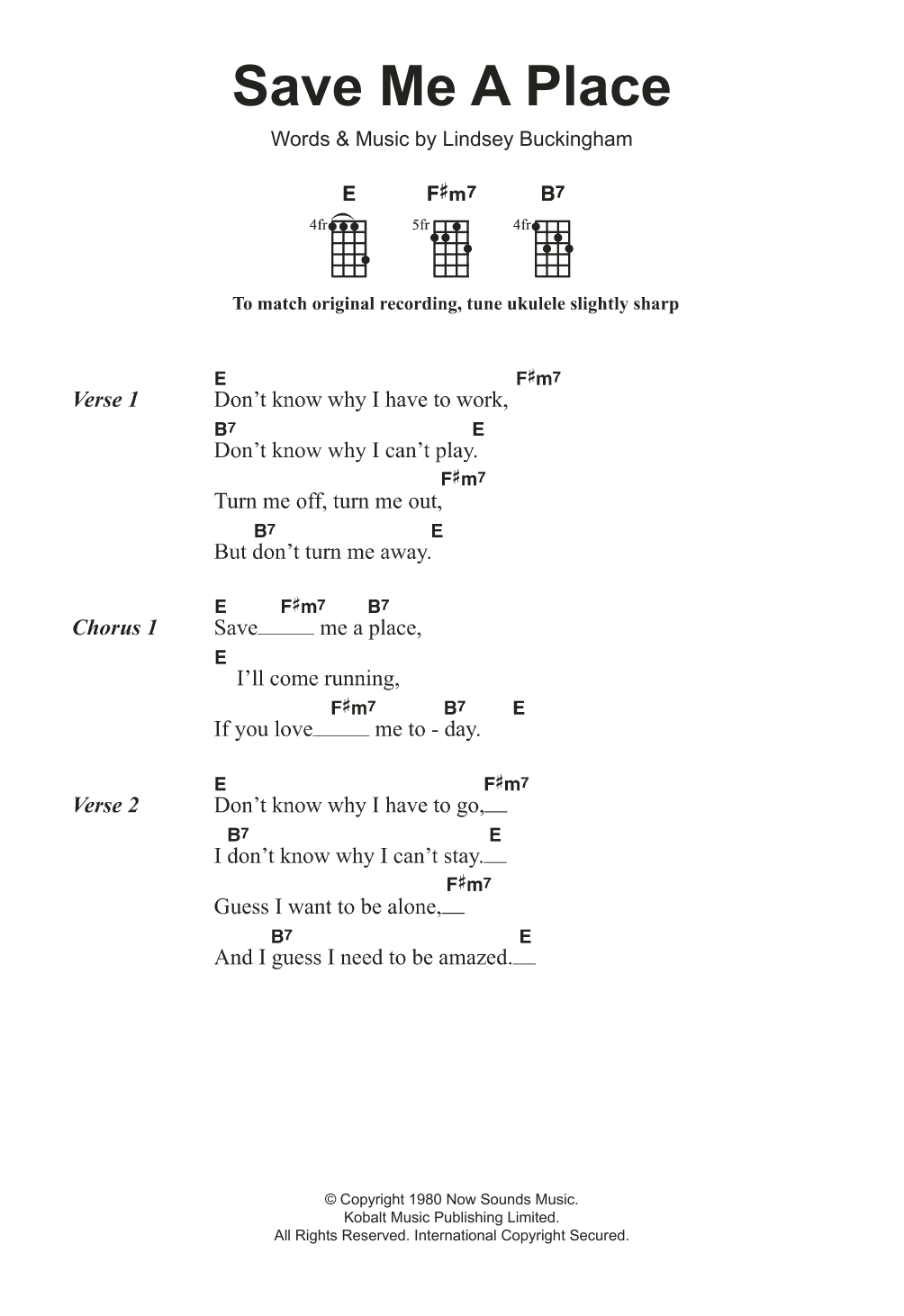 Fleetwood Mac Save Me A Place sheet music notes and chords arranged for Ukulele