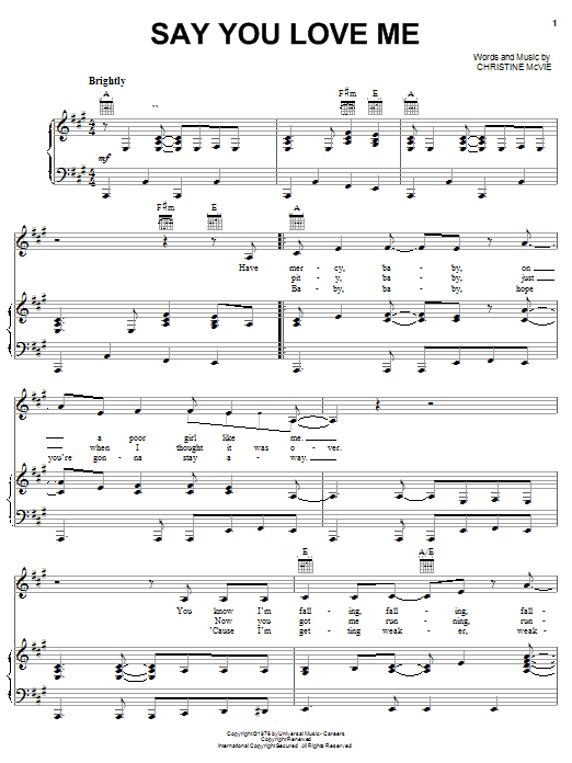 Fleetwood Mac Say You Love Me sheet music notes and chords arranged for Piano, Vocal & Guitar Chords (Right-Hand Melody)