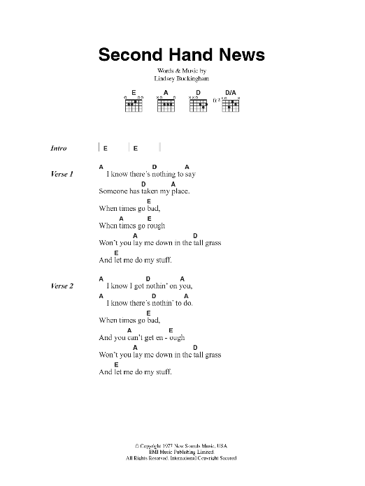 Fleetwood Mac Second Hand News sheet music notes and chords arranged for Guitar Chords/Lyrics