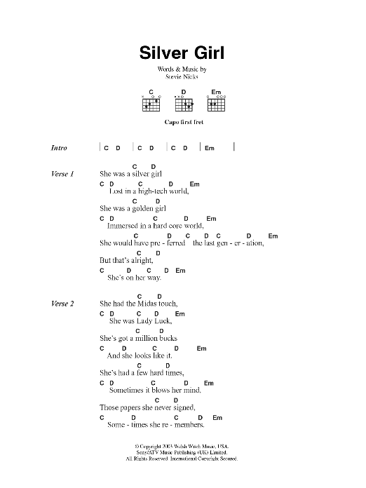 Fleetwood Mac Silver Girl sheet music notes and chords arranged for Guitar Chords/Lyrics