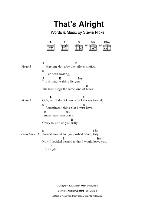 Fleetwood Mac That's Alright sheet music notes and chords arranged for Guitar Chords/Lyrics