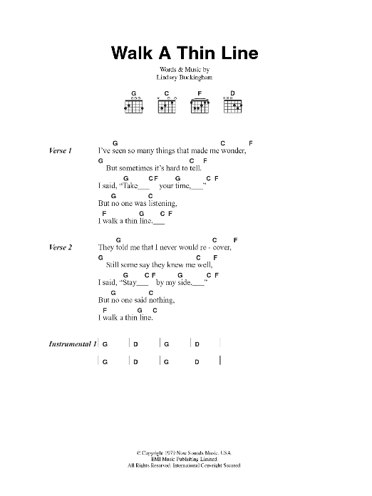 Fleetwood Mac Walk A Thin Line sheet music notes and chords arranged for Guitar Chords/Lyrics
