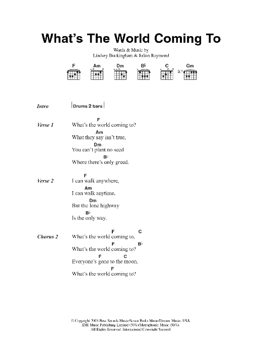 Fleetwood Mac What's The World Coming To sheet music notes and chords arranged for Guitar Chords/Lyrics