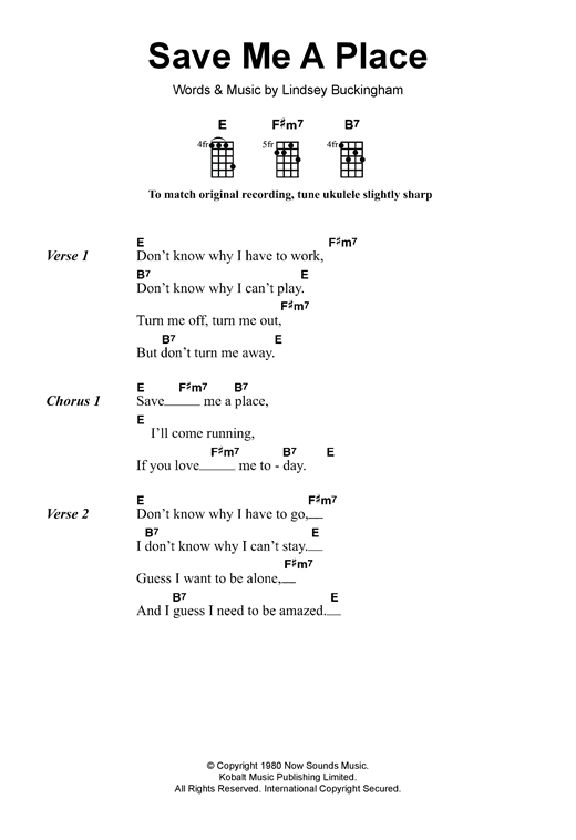 Fleetwood Mac Save Me A Place sheet music notes and chords arranged for Ukulele