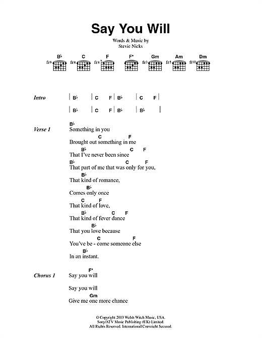 Fleetwood Mac Say You Will sheet music notes and chords arranged for Guitar Chords/Lyrics