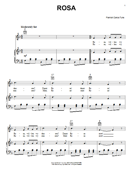 Flemish Dance Tune Rosa sheet music notes and chords arranged for Piano, Vocal & Guitar Chords (Right-Hand Melody)