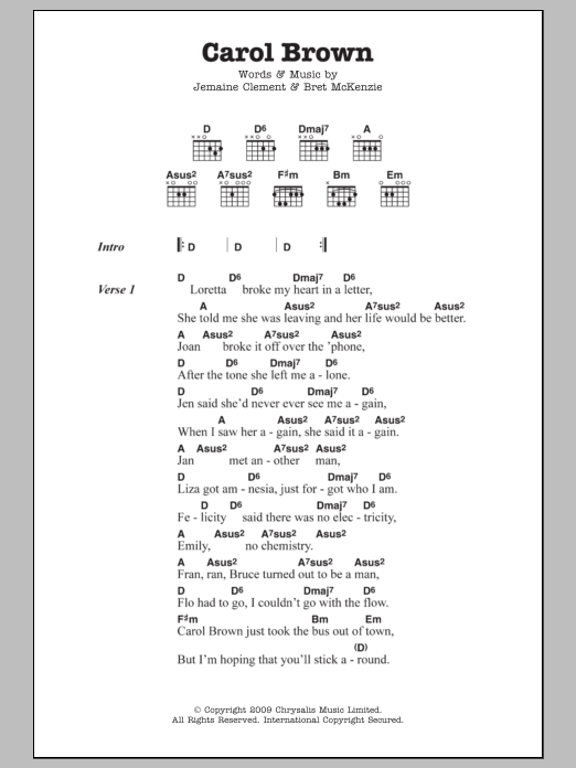 Flight Of The Conchords Carol Brown sheet music notes and chords arranged for Guitar Chords/Lyrics
