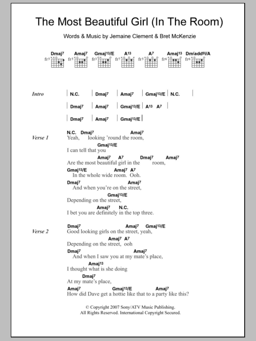 Flight Of The Conchords The Most Beautiful Girl (In The Room) sheet music notes and chords arranged for Guitar Chords/Lyrics